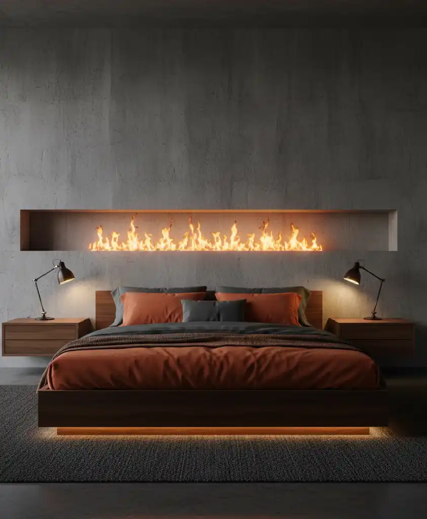 "The Future of Sleep: 20+ Stunning Designs Blending Grey Concrete with Warm Ember Fabrics."