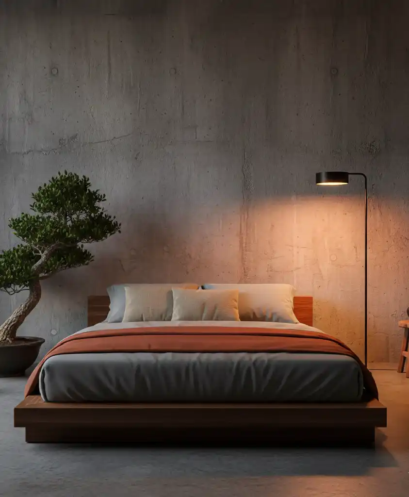 "The Future of Sleep: 20+ Stunning Designs Blending Grey Concrete with Warm Ember Fabrics."