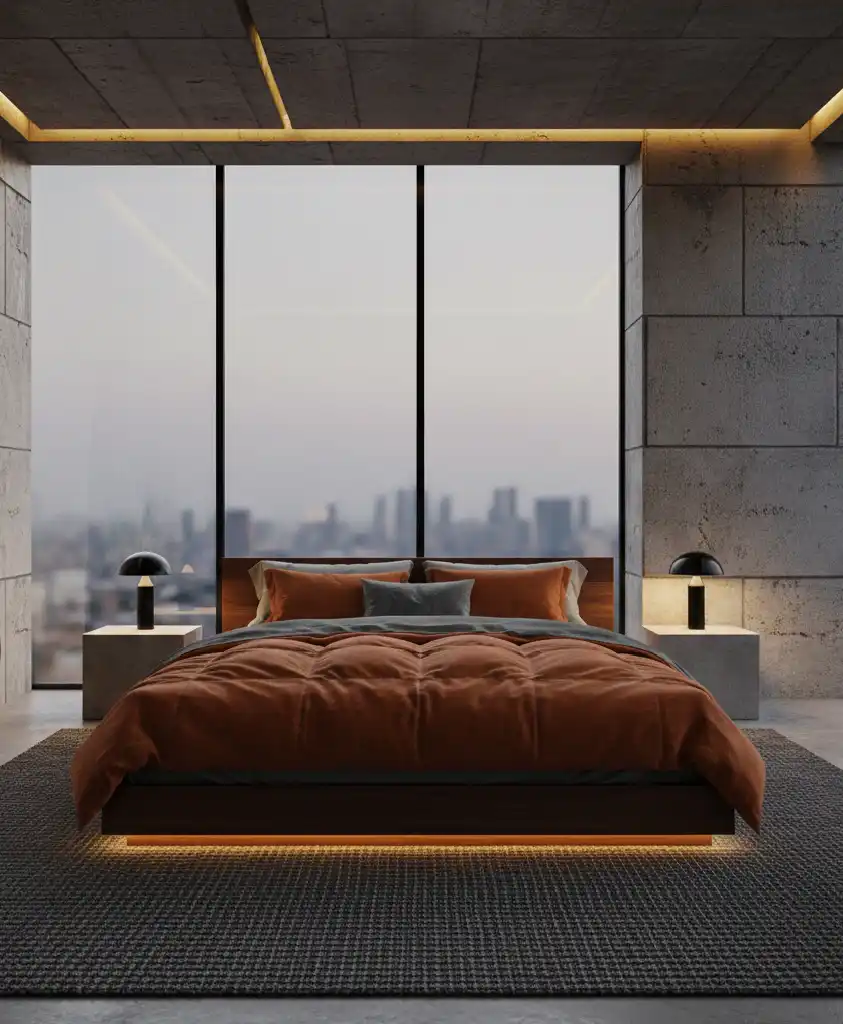 "The Future of Sleep: 20+ Stunning Designs Blending Grey Concrete with Warm Ember Fabrics."