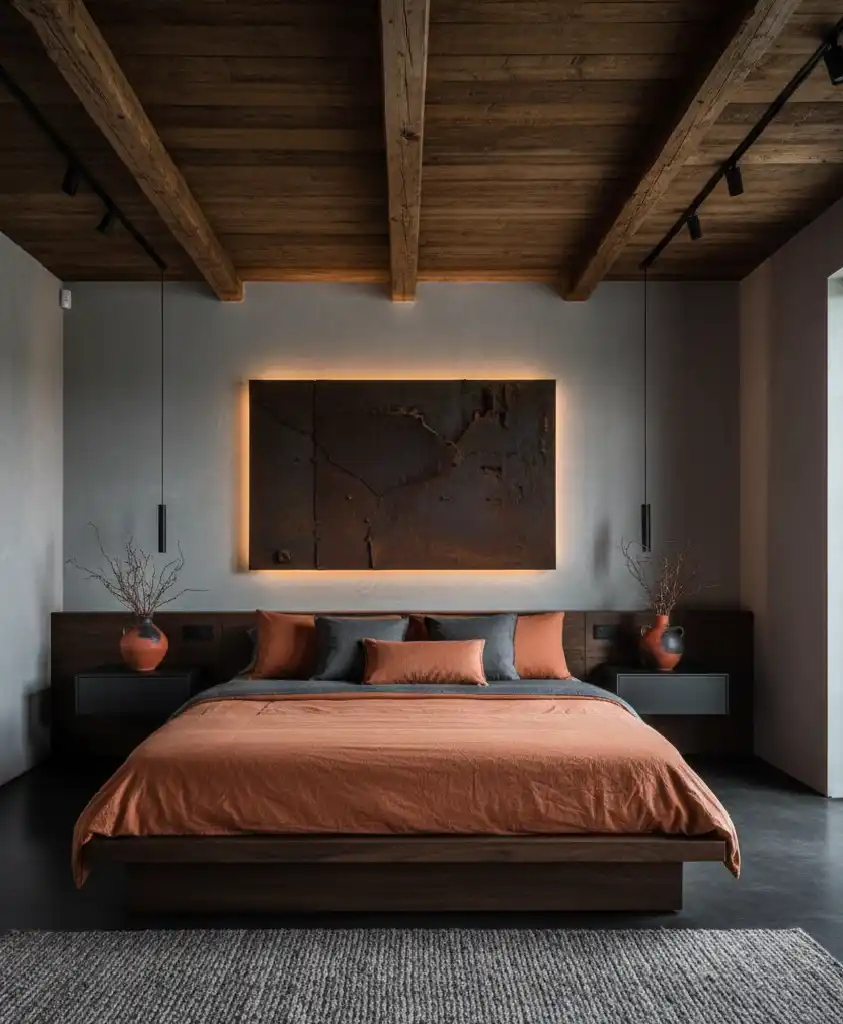 "The Future of Sleep: 20+ Stunning Designs Blending Grey Concrete with Warm Ember Fabrics."