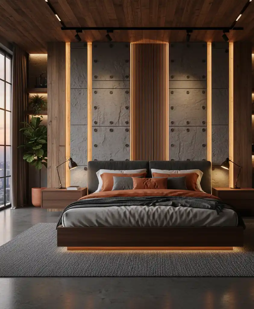 "The Future of Sleep: 20+ Stunning Designs Blending Grey Concrete with Warm Ember Fabrics."