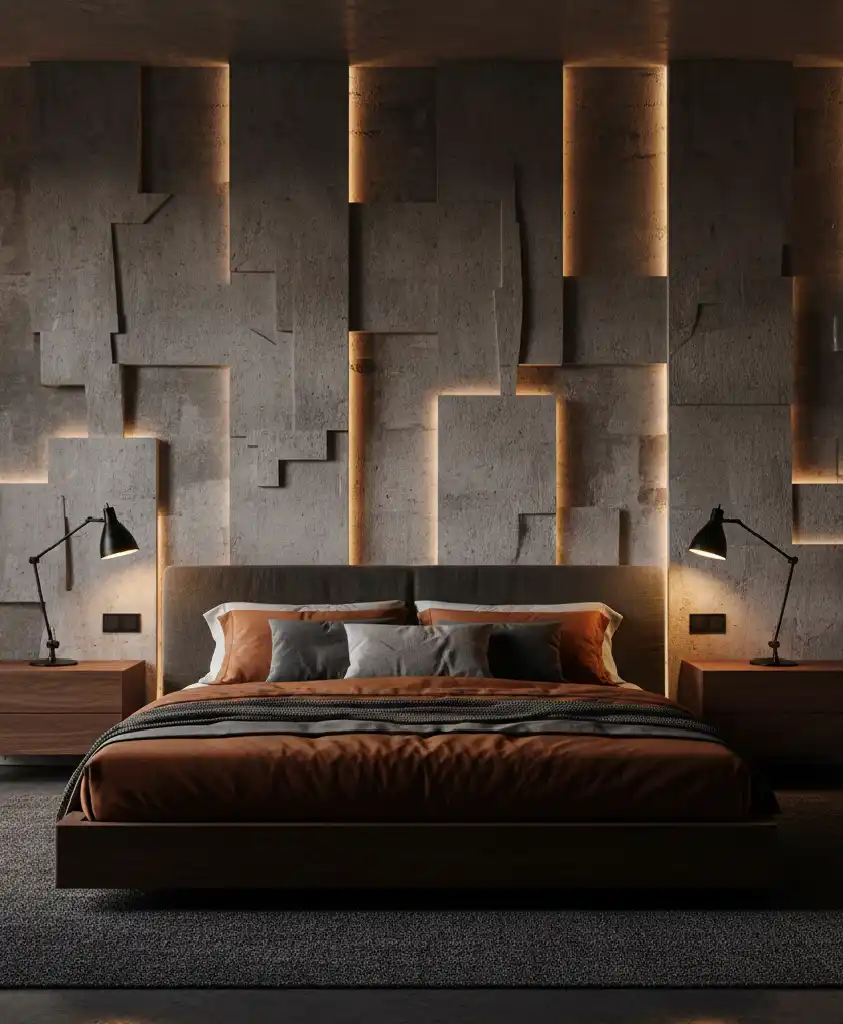 "The Future of Sleep: 20+ Stunning Designs Blending Grey Concrete with Warm Ember Fabrics."