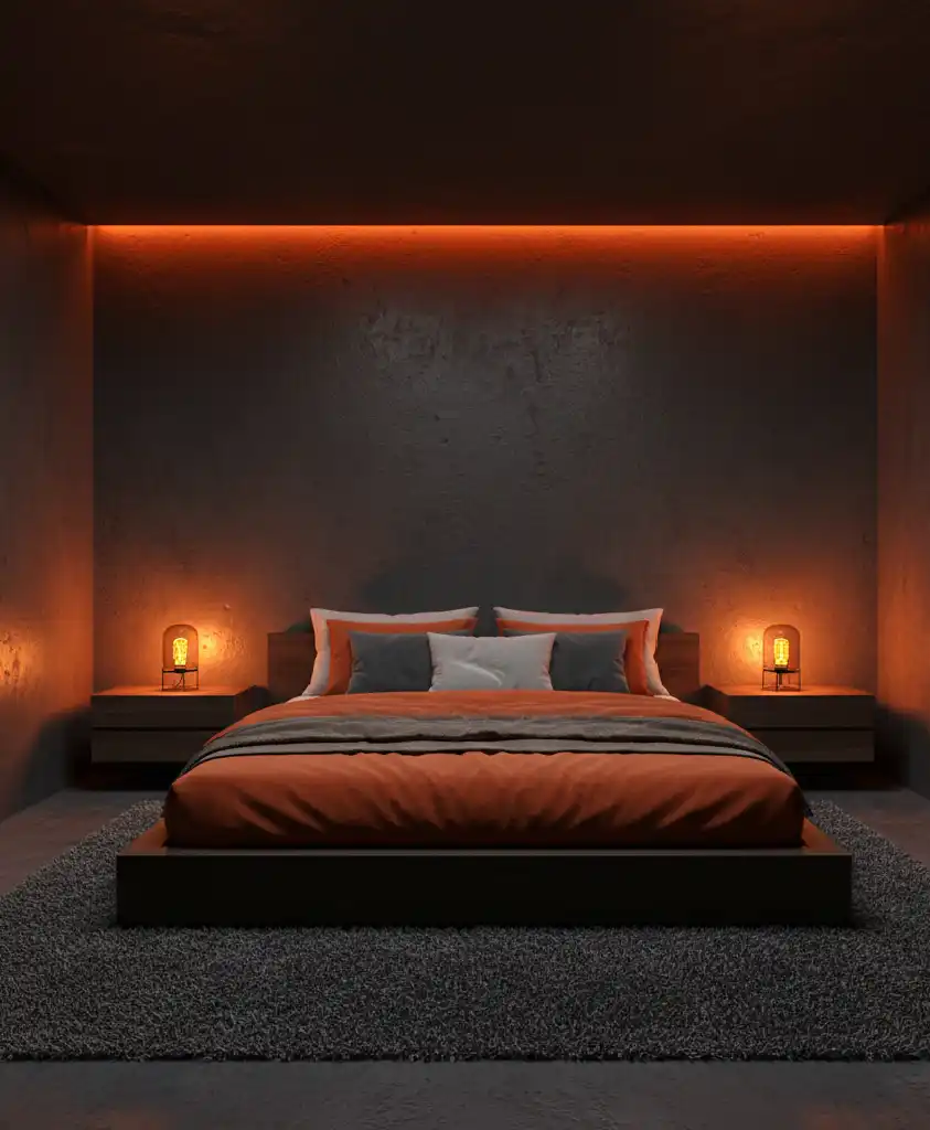 "The Future of Sleep: 20+ Stunning Designs Blending Grey Concrete with Warm Ember Fabrics."