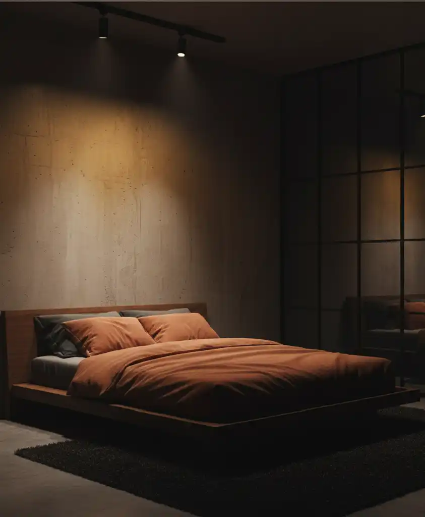 "The Future of Sleep: 20+ Stunning Designs Blending Grey Concrete with Warm Ember Fabrics."