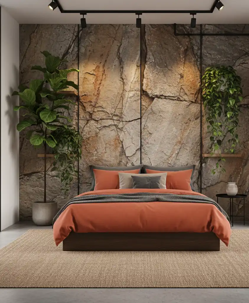 "The Future of Sleep: 20+ Stunning Designs Blending Grey Concrete with Warm Ember Fabrics."