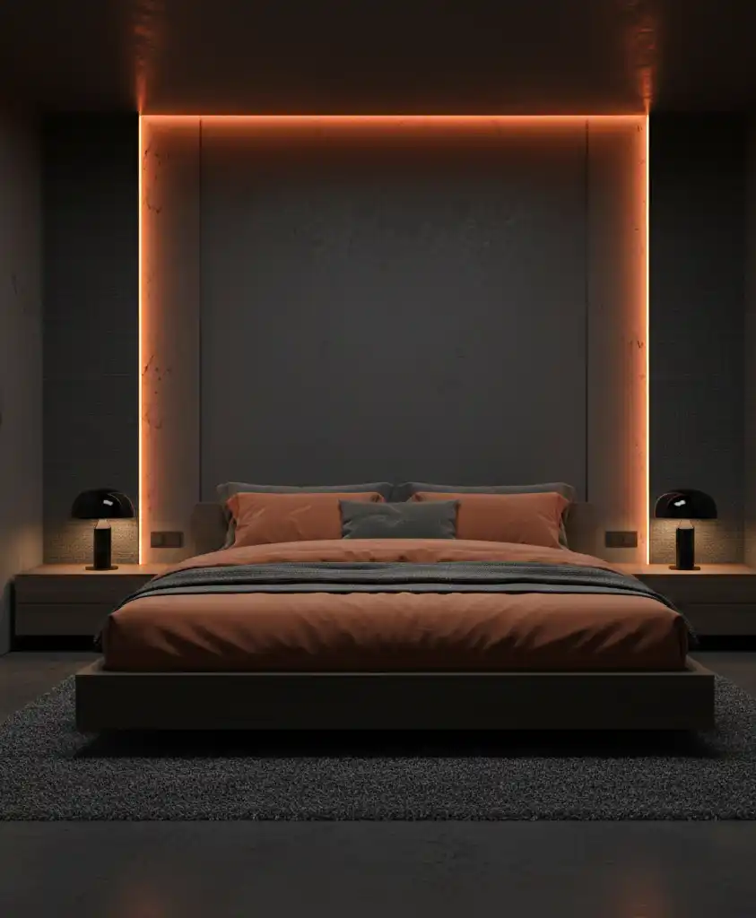"The Future of Sleep: 20+ Stunning Designs Blending Grey Concrete with Warm Ember Fabrics."