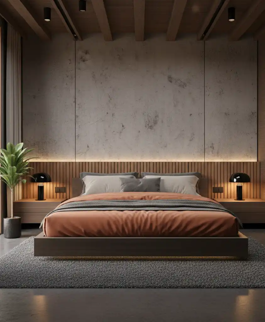 "The Future of Sleep: 20+ Stunning Designs Blending Grey Concrete with Warm Ember Fabrics."