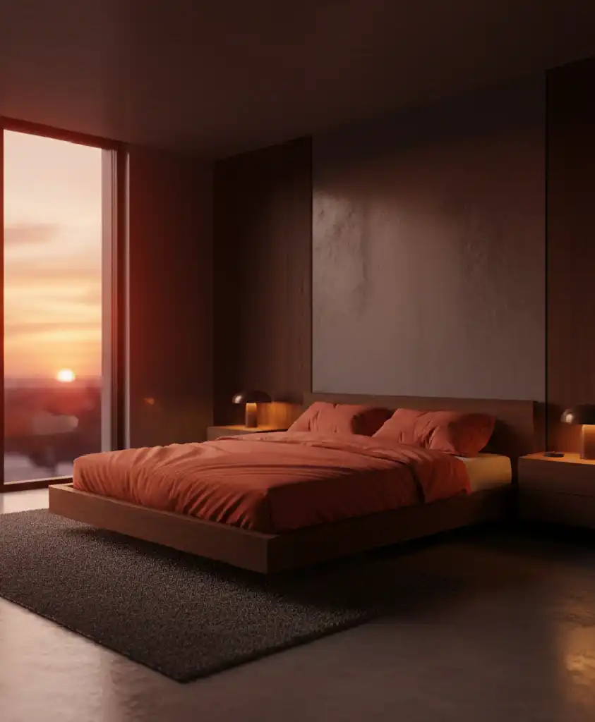 "The Future of Sleep: 20+ Stunning Designs Blending Grey Concrete with Warm Ember Fabrics."