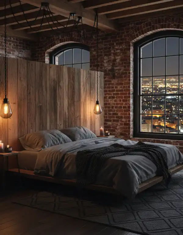 +25 Industrial Loft Bedroom Inspirations: Concrete, Leather, and Metal - AI Generated Interior Design Inspiration | Wisal AI : object Object