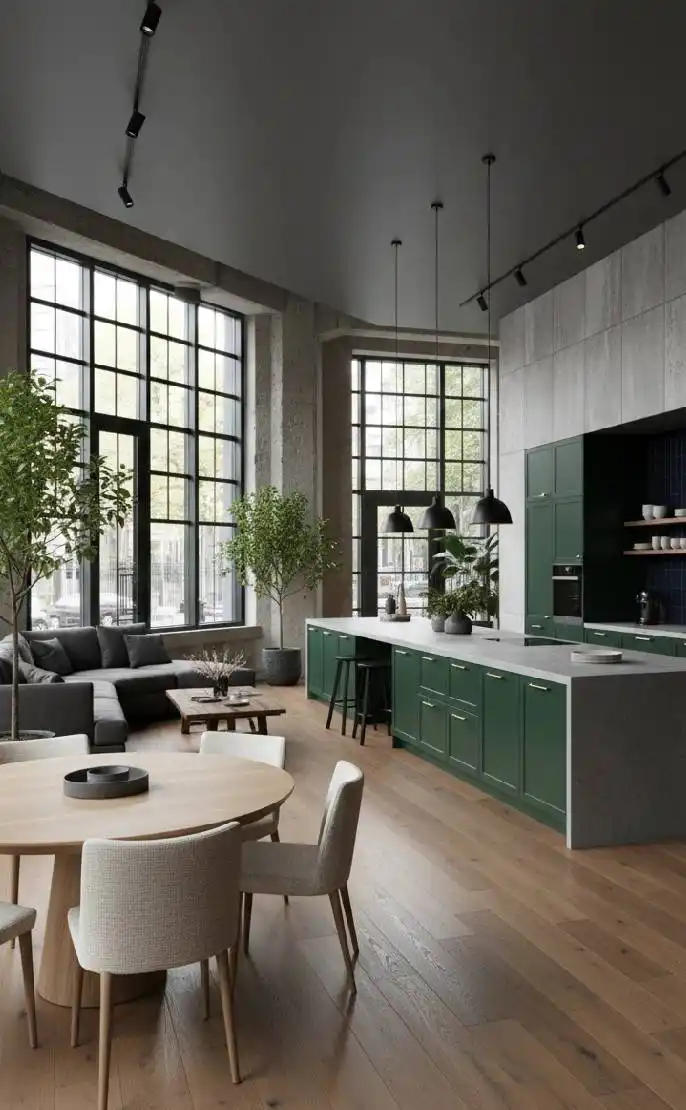 Emerald Industrial Loft: The Grand Open-Concept Kitchen | Wisal