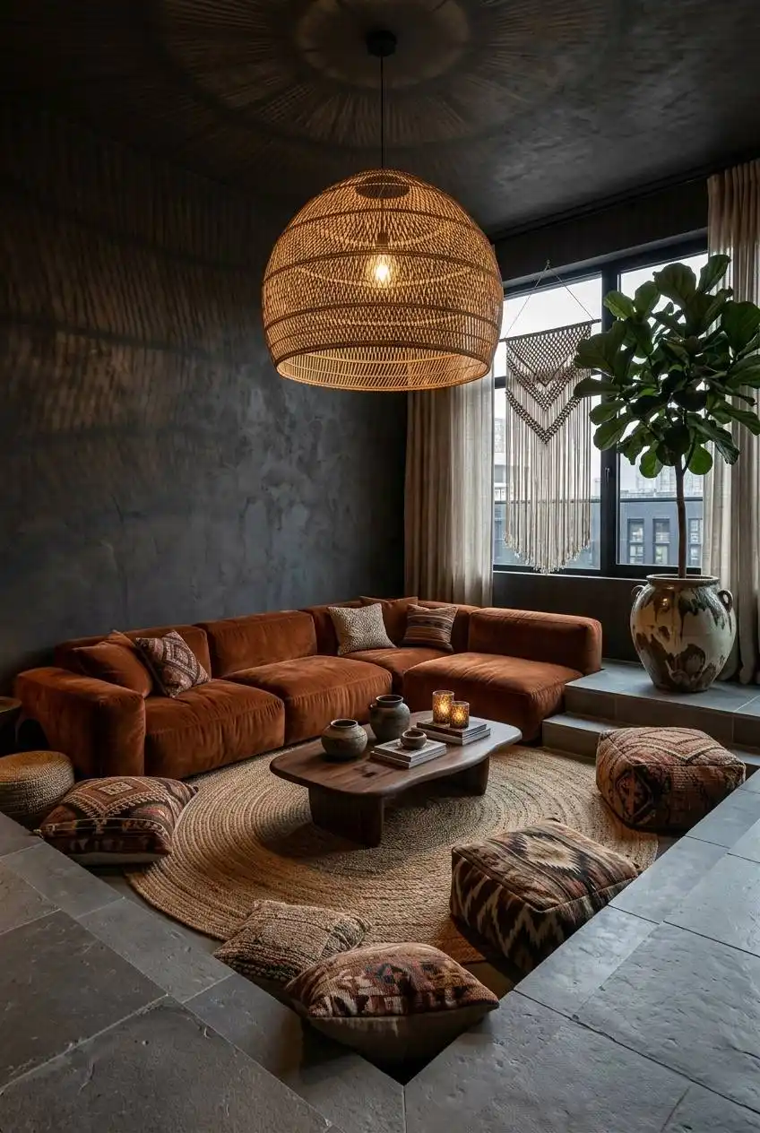 The Sunken Oasis: Terracotta & Charcoal Textures living room | Wisal