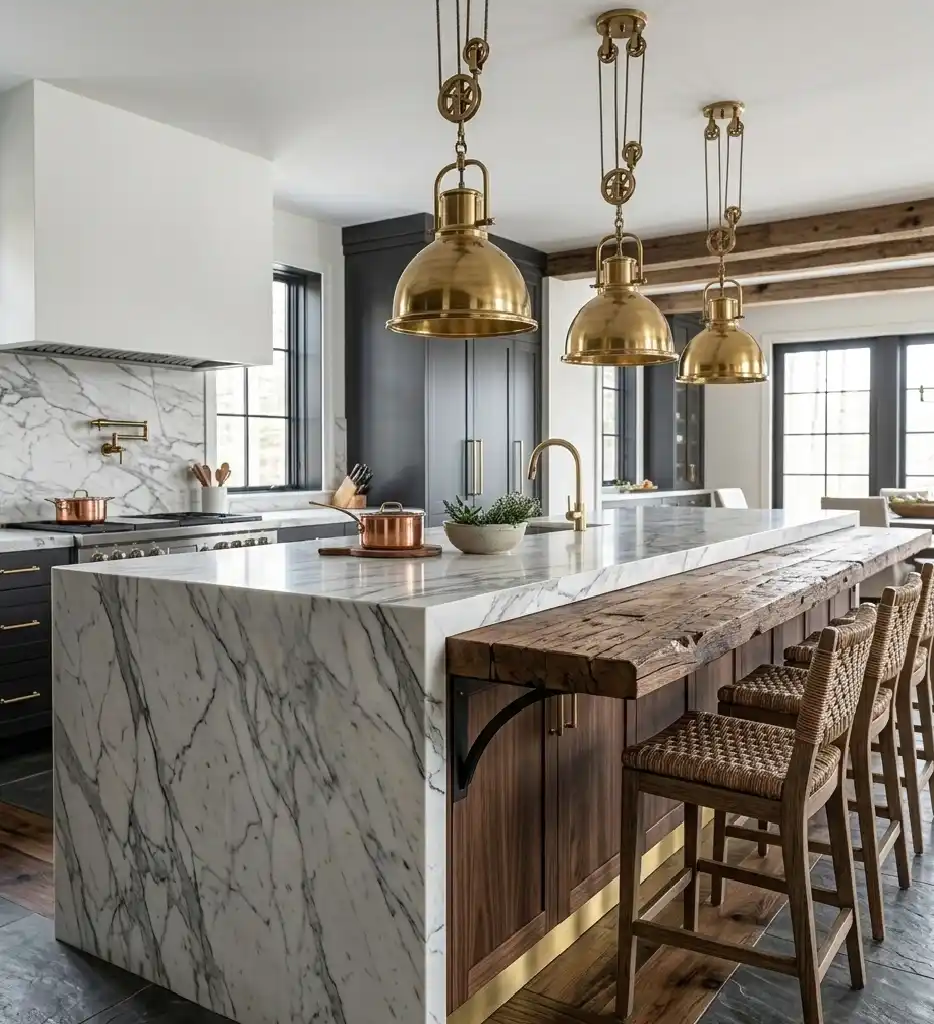 Rustic Kitchen Idea with Cantilevered Marble Island | Wisal