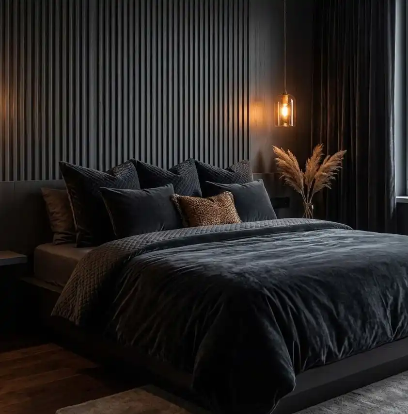 . Dark Moody Bedroom Idea: Monolithic Anthracite Panels and Velvet ...