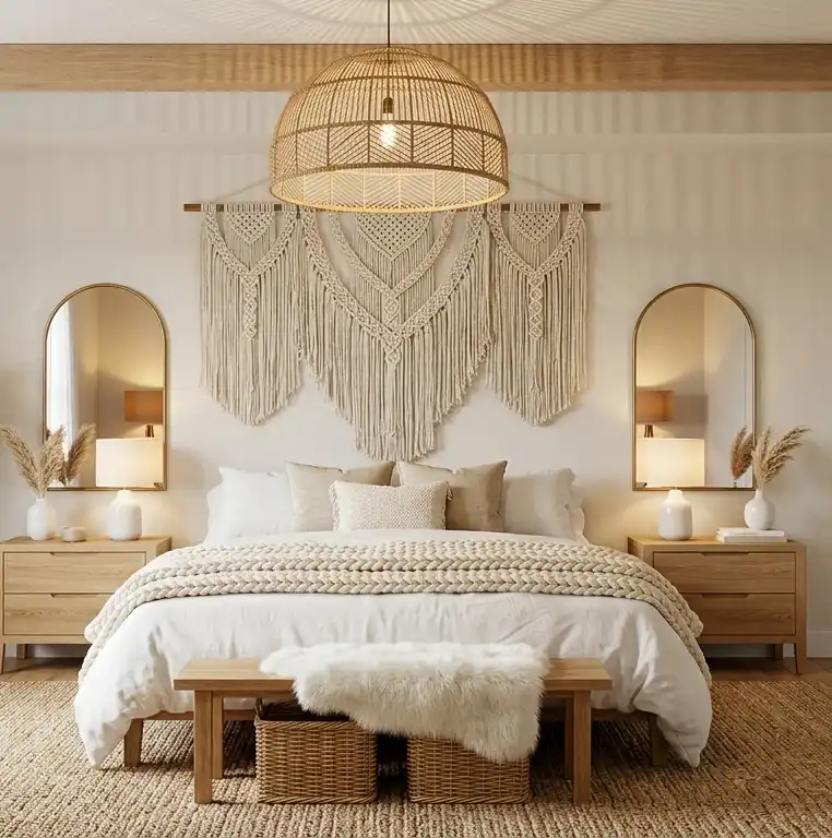 Axial Symmetry and Fiber Art Composition in Boho Chic Bedroom Ideas | Wisal