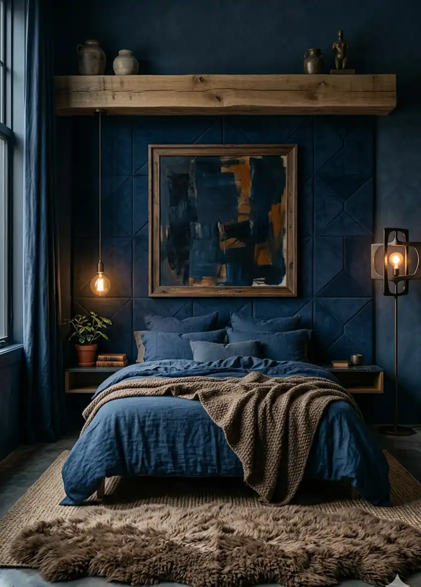 Monochrome Mastery: Cozy Navy Blue and Brown Bedroom with Sculptural ...